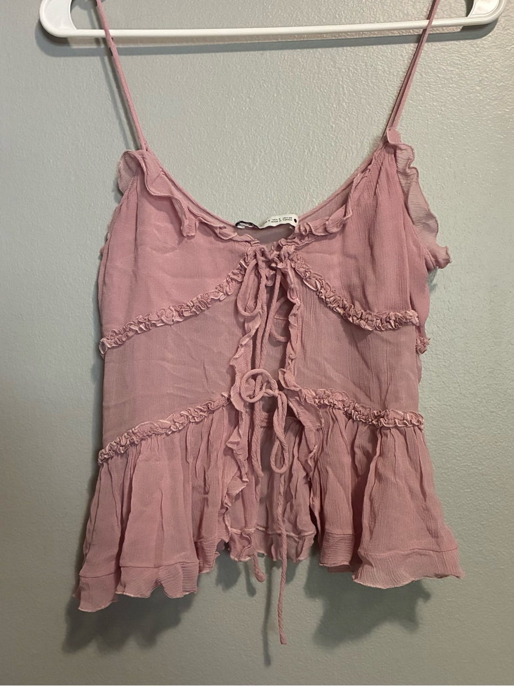Zara Semi Sheer Ruffle Tie Front Tank Top Size Small Fairycore Coquette Y2K Pink - Picture 3 of 6